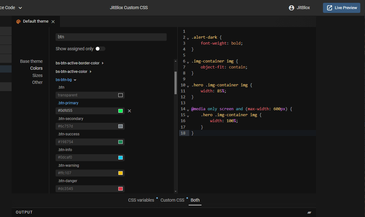The theme editor in split view