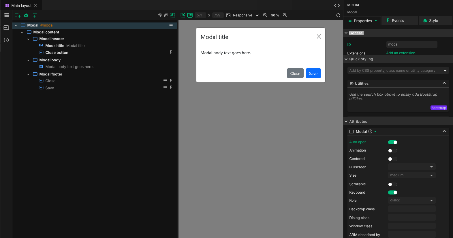 Using auto-open to show a design-time preview of a Bootstrap Modal
