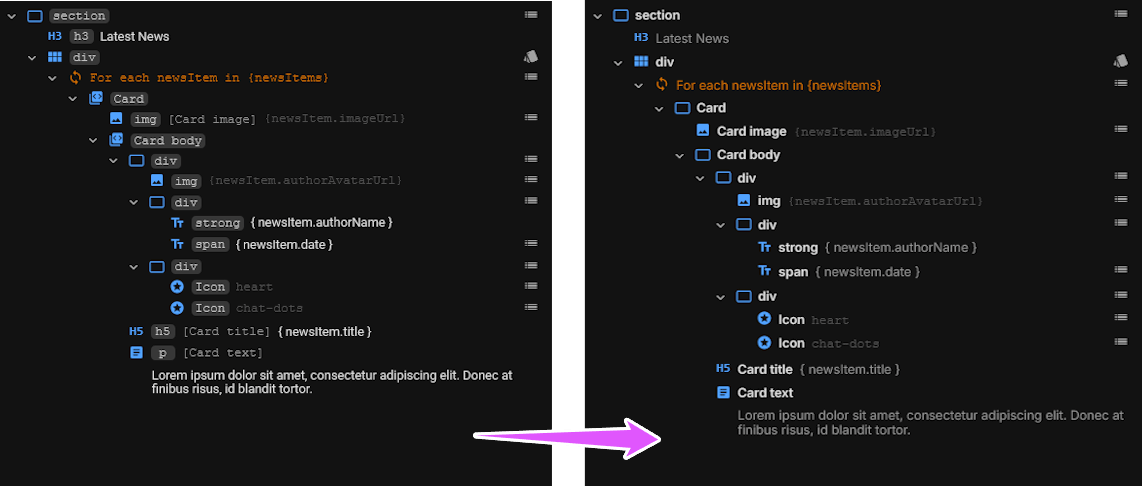 Comparing the old (left) and new (right) elements tree
