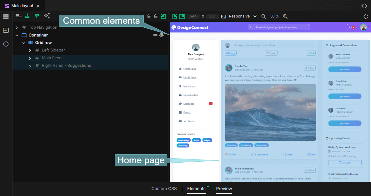 The generated home page of a social networking app