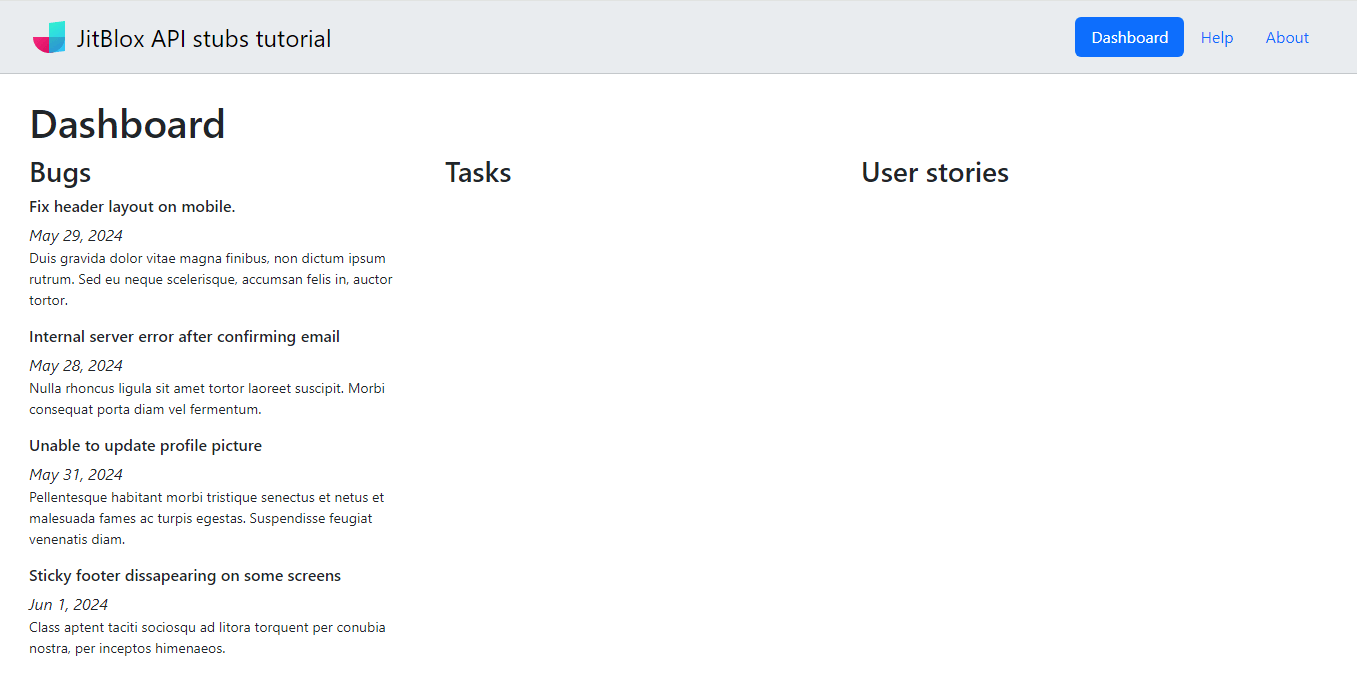 Dashboard with a basic bug list