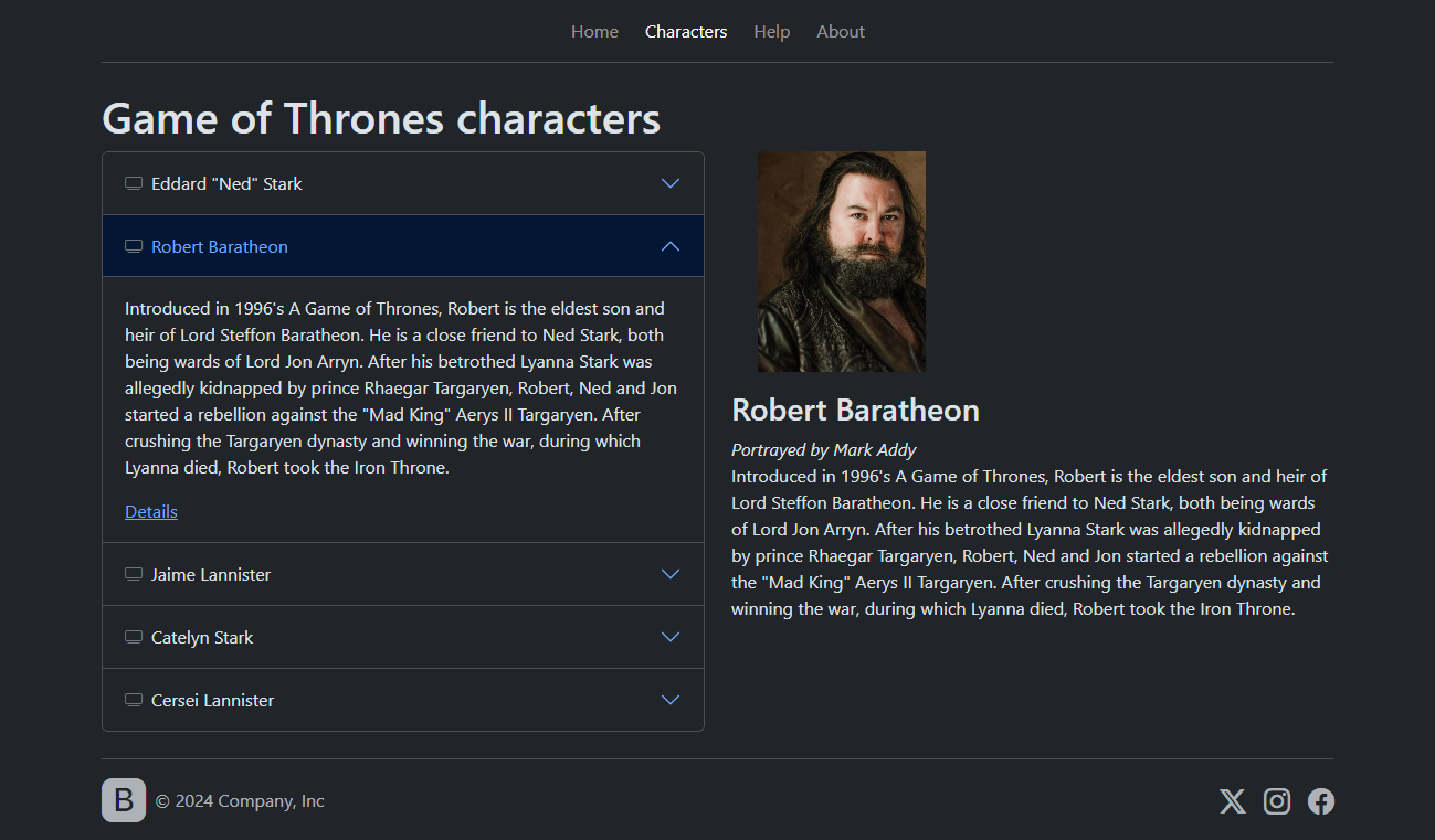 Bootstrap Accordion showing Game of Throwns Characters